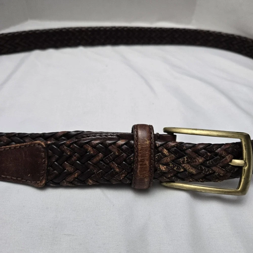 Claiborne Braided Belt Mens 42 Brown Genuine Bonded Leather Classic Brass Buckle